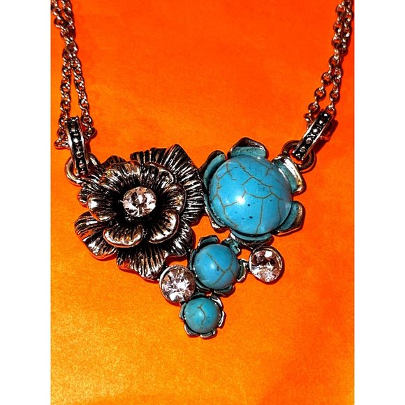 Silver Tone Western Rose Faux Turquoise Adjustable Statement Necklace Jewelry - Picture 1 of 11